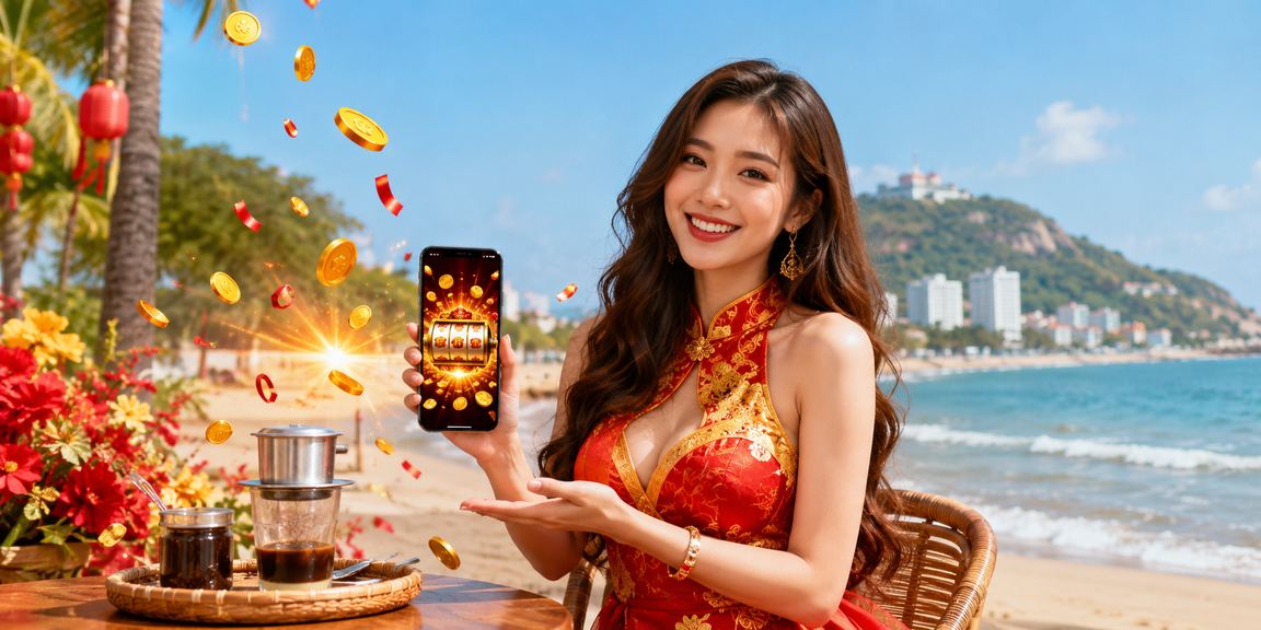 Người dùng tại Vũng Tàu chơi slot game và theo dõi kèo cá cược trên điện thoại bên bờ biển